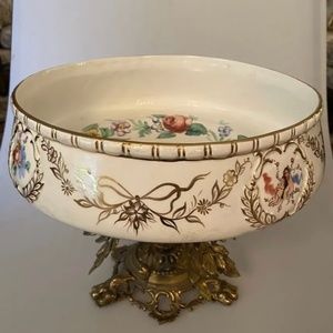 Vintage Floral Porcelain Brass Base Bowl